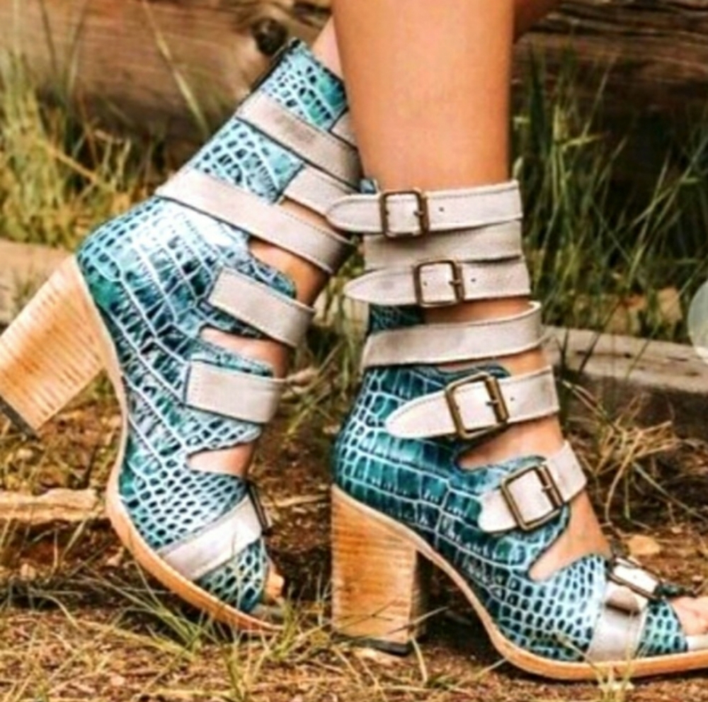 🌱 FreeBird by Steven Bond Heeled Open-Toe Boots Turquoise